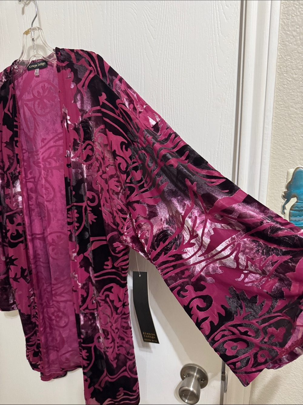 Always Indigo Burnout Velvet Kimono Berry Floral 3/4 Sleeve XL NWT Open Front - Picture 4 of 16